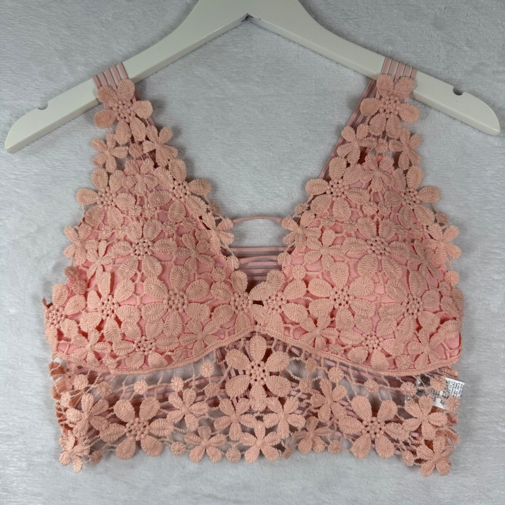 Peach Pink Floral Guipure Lace Bralette Padded V-Neck Boho C1LGDFVFD M